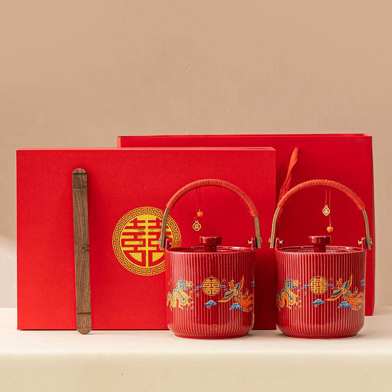 龙凤呈祥子孙桶一对大号陶瓷红色喜桶新娘陪嫁用品婚房装饰摆饰