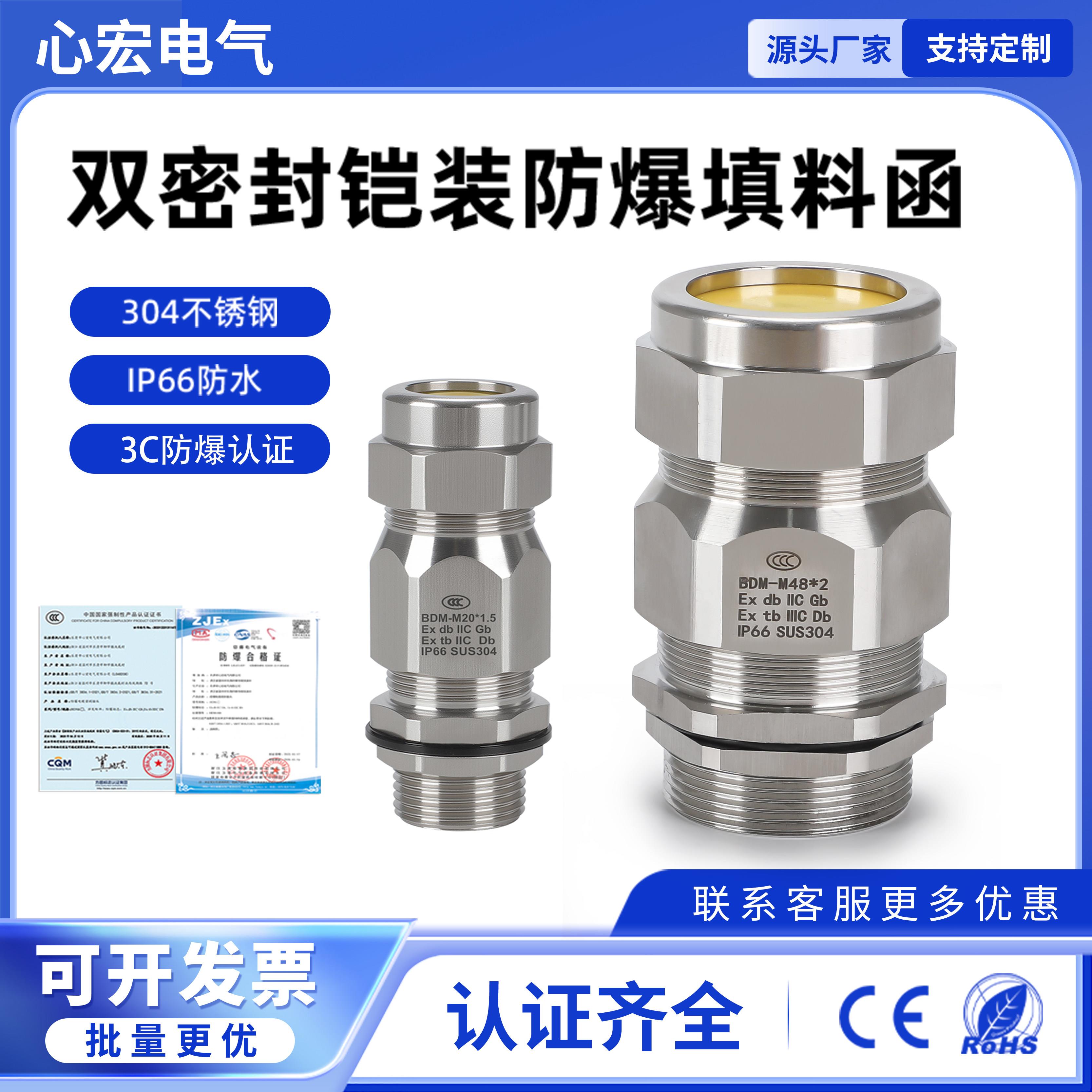 304不锈钢铠装防爆格兰头双密封电缆防水接头M型夹紧填料函G3/4