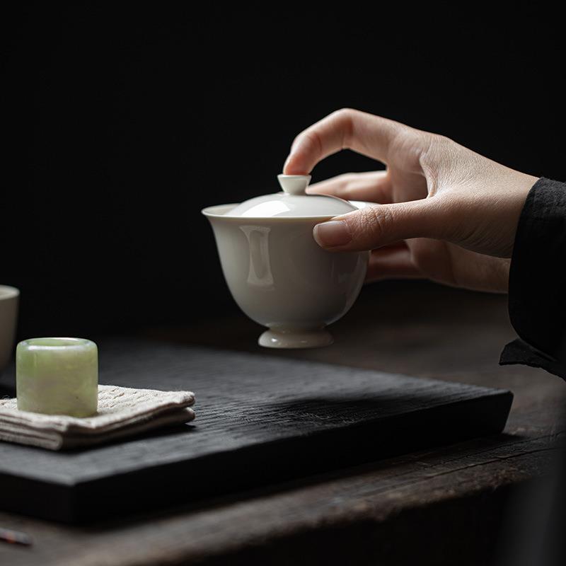 陶瓷手工二才盖碗 草木灰泡茶碗盖杯敬茶碗带盖泡茶器茶具