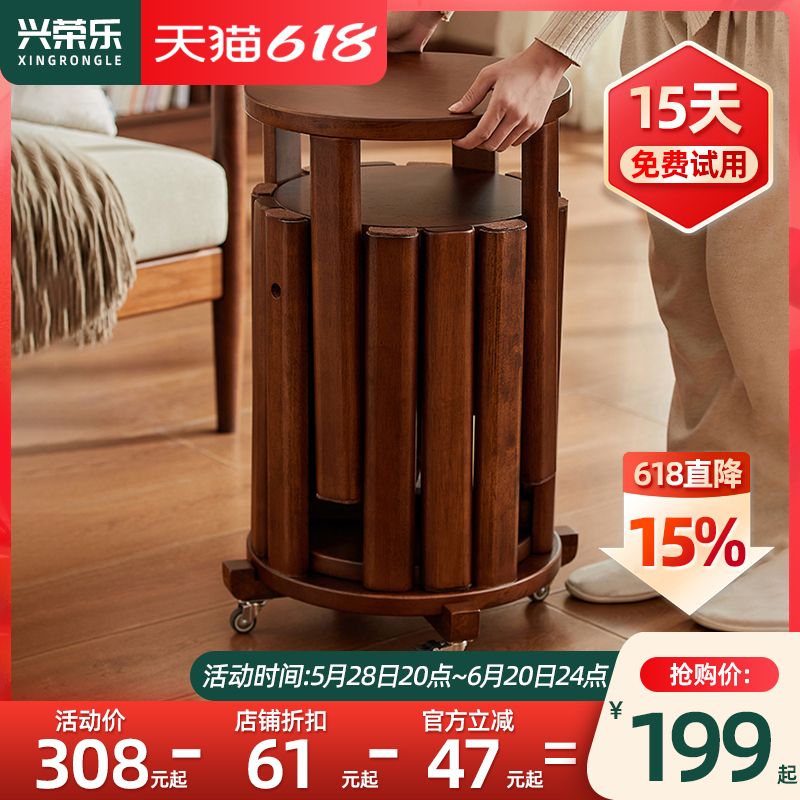 实木凳子可叠放餐厅家用多功能凳子橡木叠叠圆凳边几组合备用餐凳