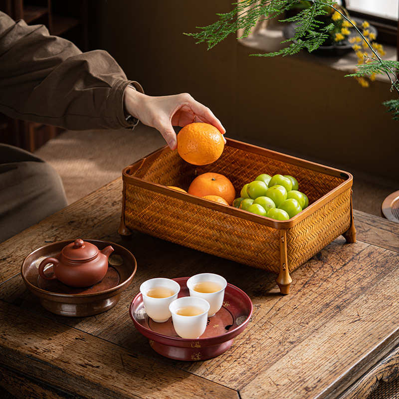 复古竹编篮收纳筐手工编织水果篮茶几零食茶具收纳筐中式野餐提篮