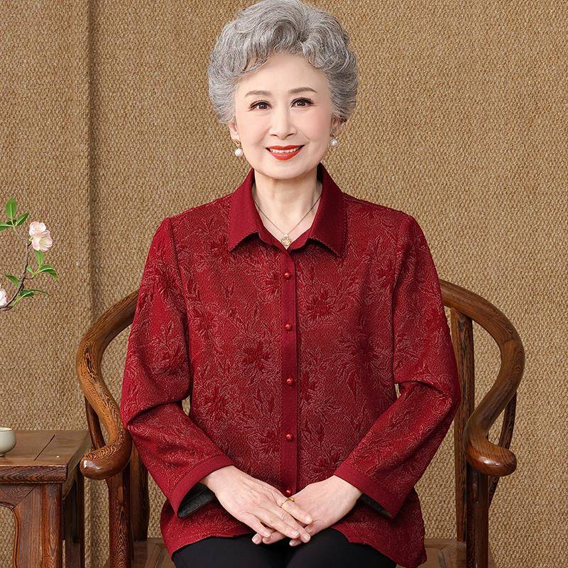 喜庆中老年人衬衫女长袖春装桑蚕丝100%大尺码奶奶真丝印花上衣翻