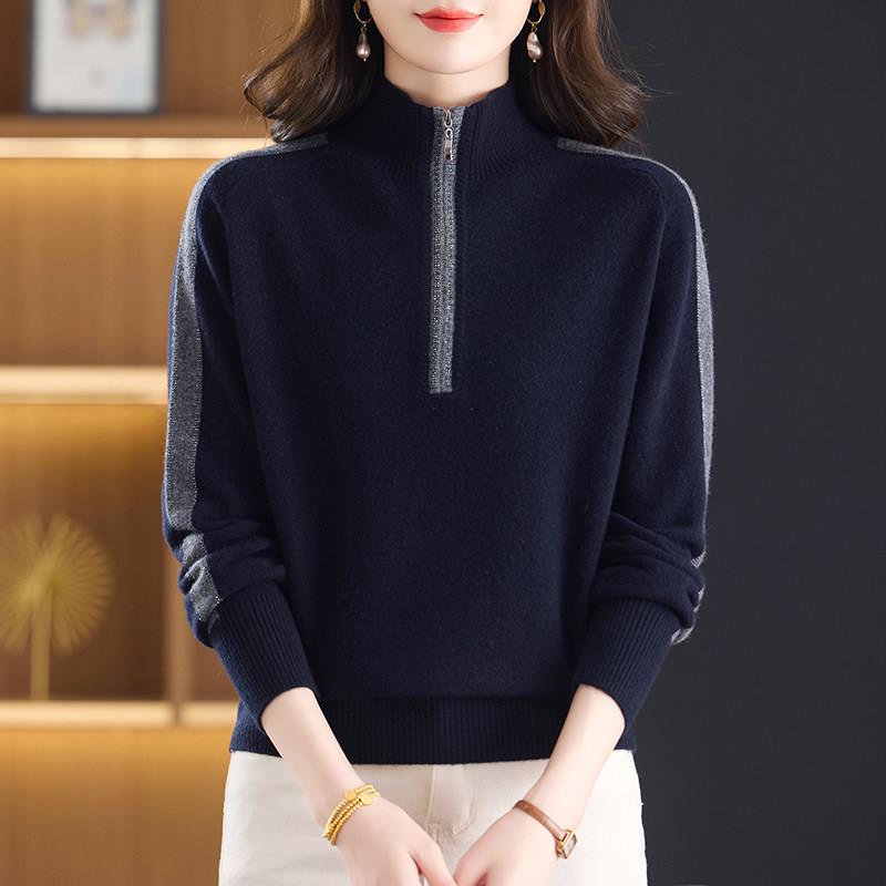 时尚半拉链领%纯羊绒衫女秋冬宽松洋气妈妈打底衫内搭外穿毛衣
