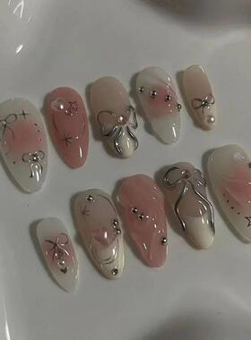 24Pcs Pink Almond French Press on Nails With 3D Bow ripple c