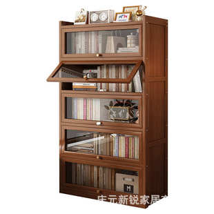楠竹书架落地家用客厅防尘展示柜置物架子收纳储物柜书柜一体靠墙