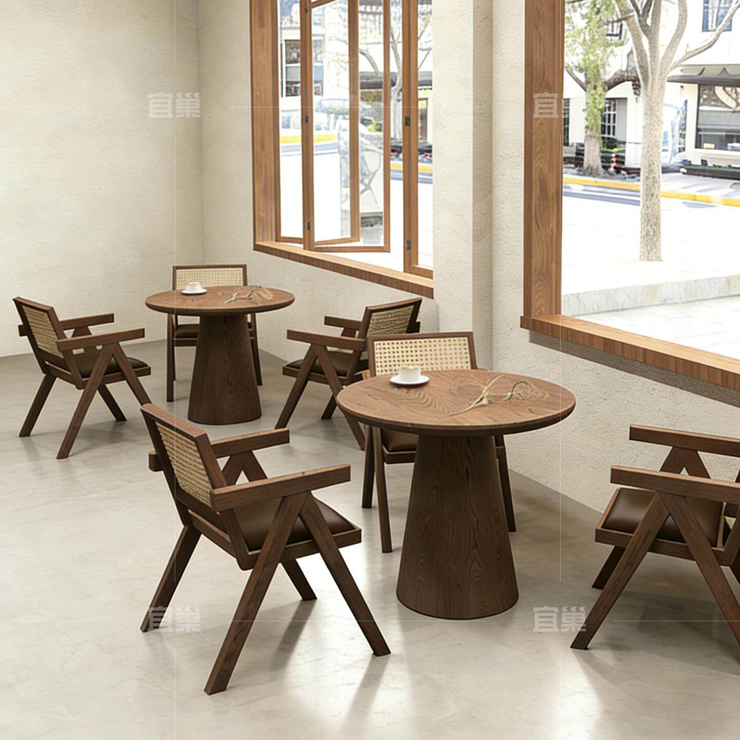 实木小圆桌餐桌家用圆形桌椅组合原木商用餐厅餐饮咖啡桌洽谈桌子