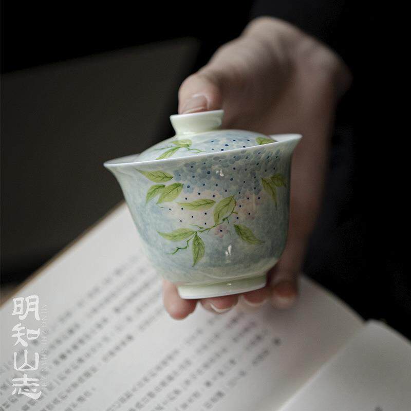 明知山志 果青蓝风铃华初盖碗 手绘小清新陶瓷盖碗玉泥家用泡茶碗