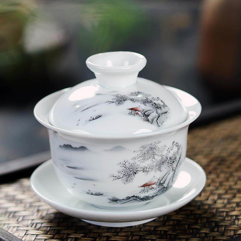 3.8寸陶瓷功夫茶具三才盖碗青花大号盖碗高白瓷手绘茶碗 厂家