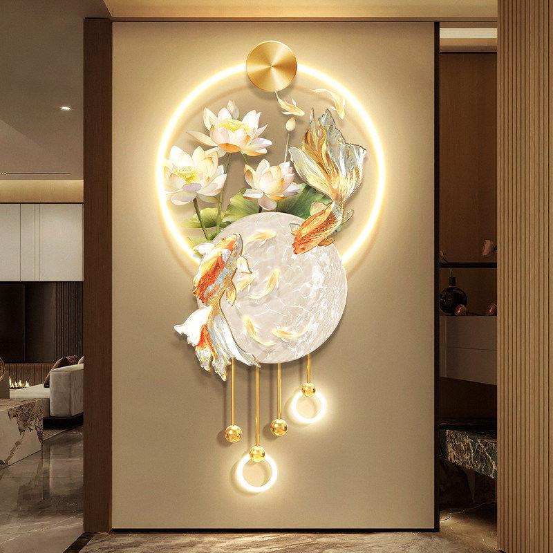 锦鲤鱼入户玄关装饰画轻奢荷花走廊过道挂画九鱼图进门立体壁画灯