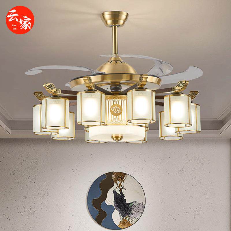新中式纯铜实木餐厅大厅吊扇灯客厅现代别墅复式楼大气一体风扇灯