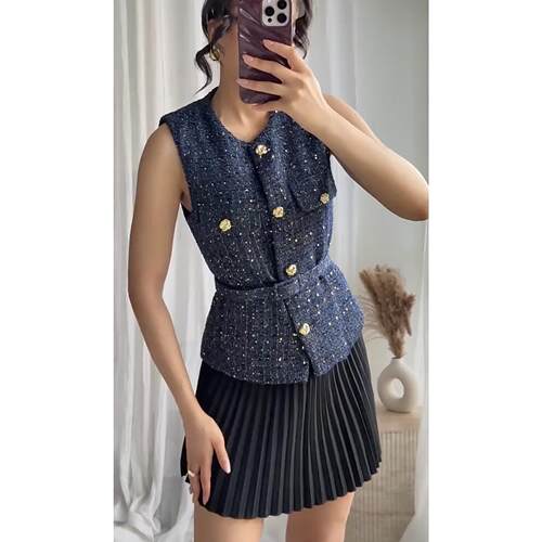 Women's clothing with belt, pearl embellishment, textured