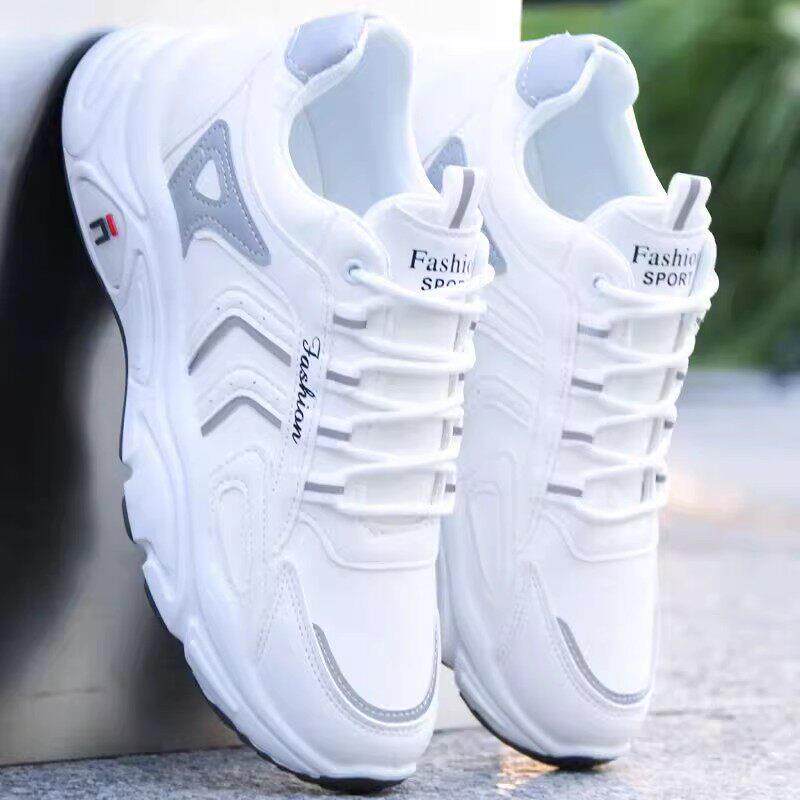 潮牌白色老爹鞋男秋冬季新款防水皮面运动休闲鞋男软底防臭跑步鞋