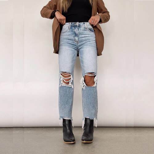 Women Rise Straight Leg Jeans Ripped Seasons Fashionable