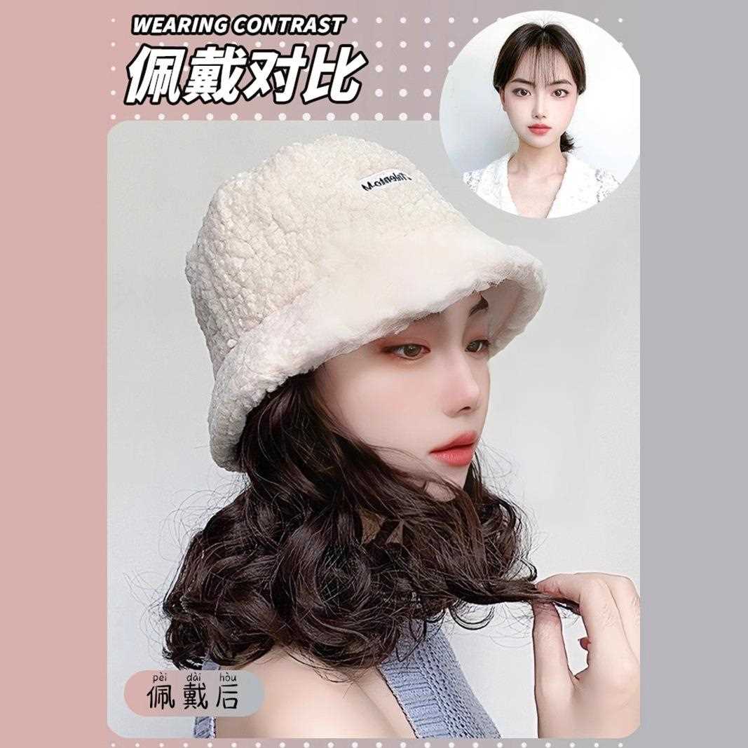 新款直销假发女短发帽子假发一体秋冬季羊羔毛渔夫帽时尚短卷梨花