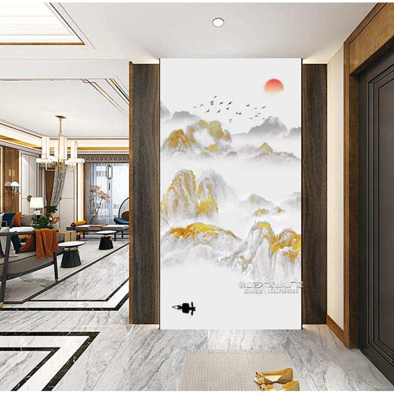 入户玄关画岩板背景墙瓷砖微晶石大板大理石立体简约新中式山水画