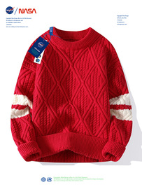 NASA毛衣男士秋冬季2023潮流针织外套休闲宽松红色毛线衣