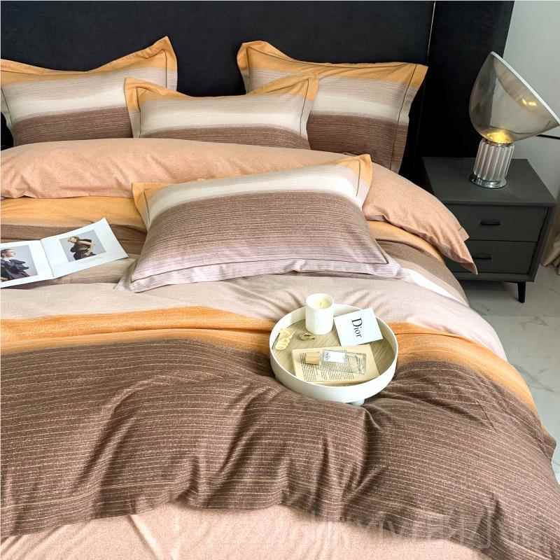 新款床出口加厚纯棉印花绒磨毛件套四格子条纹被套床单冬天上用拉