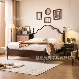 法式复古实木床家用现代简约主卧高端大气双人床中古风轻奢黑色床