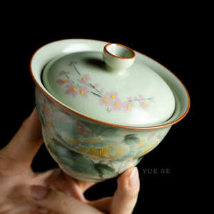 泡茶碗复古葫芦小茶碗功夫茶具 秘黄汝窑二才盖碗花鸟图不烫手中式