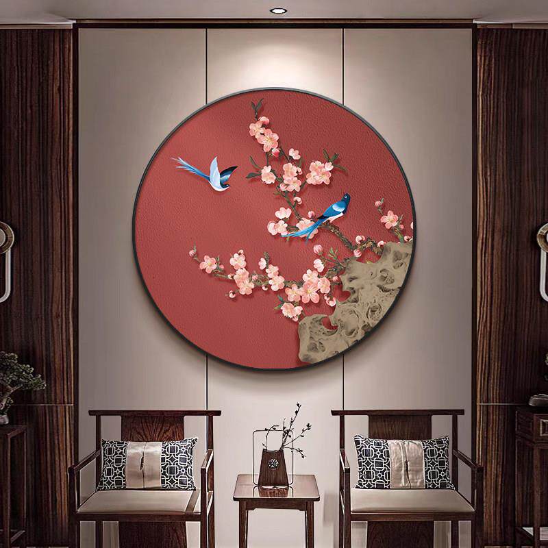 新中式喜气盈门玄关装饰画花鸟圆形挂画寓意喜庆走廊尽头壁画新款