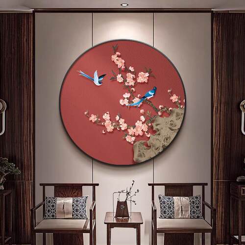 新中式喜气盈门玄关装饰画花鸟圆形挂画寓意喜庆走廊尽头壁画新款