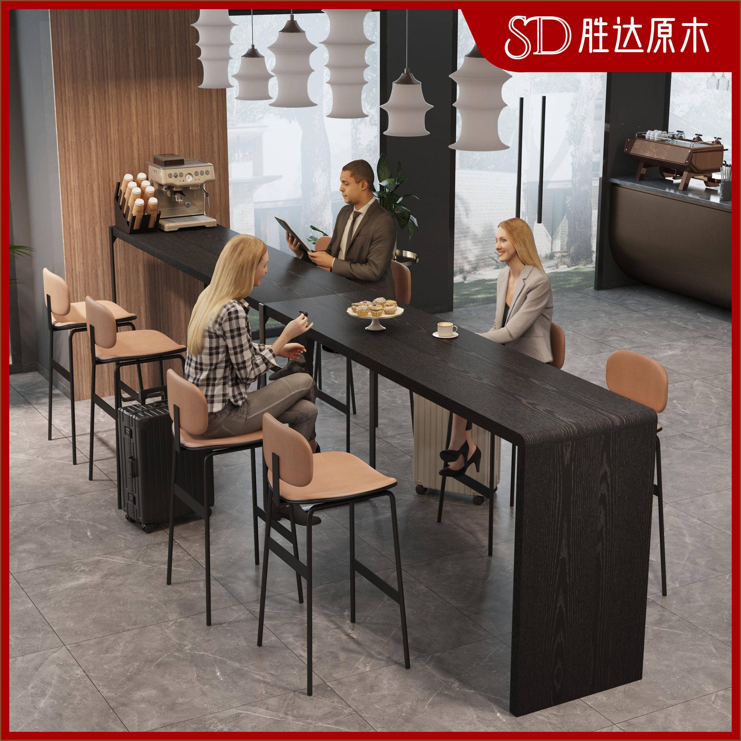 高档黑色酒吧台实木长桌窄奶茶店高脚桌隔断酒吧台酒店大堂休息桌