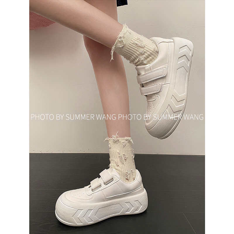 王夏天 厚底增高面包小白鞋女新款松糕百搭魔术贴白色运动休闲鞋