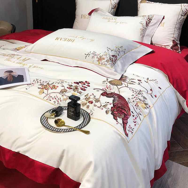 婚庆结婚四件套 100支纯棉床品用品贡缎四件套全棉大红色全棉刺绣