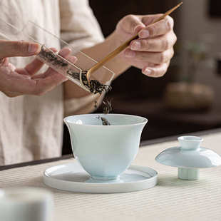 湖田窑影青二才盖碗功夫茶具茶杯家用客厅办公室会客陶瓷泡茶杯