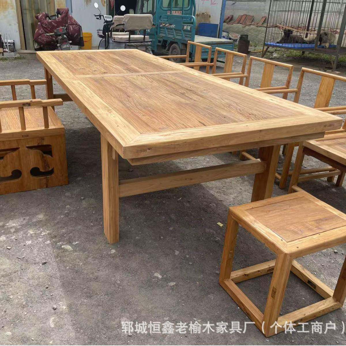 中式老榆木茶桌长桌风化餐桌椅客厅实木餐椅禅意餐桌椅组合
