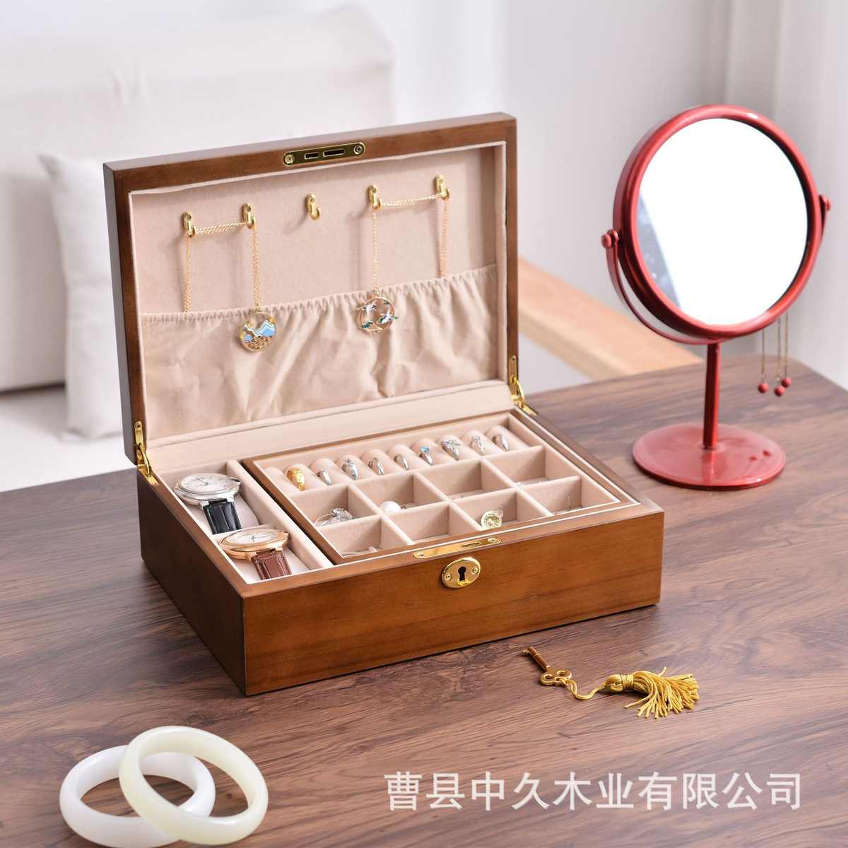 木质复古带锁珠宝首饰收纳盒翻盖式实木首饰盒珠宝首饰分格储物盒