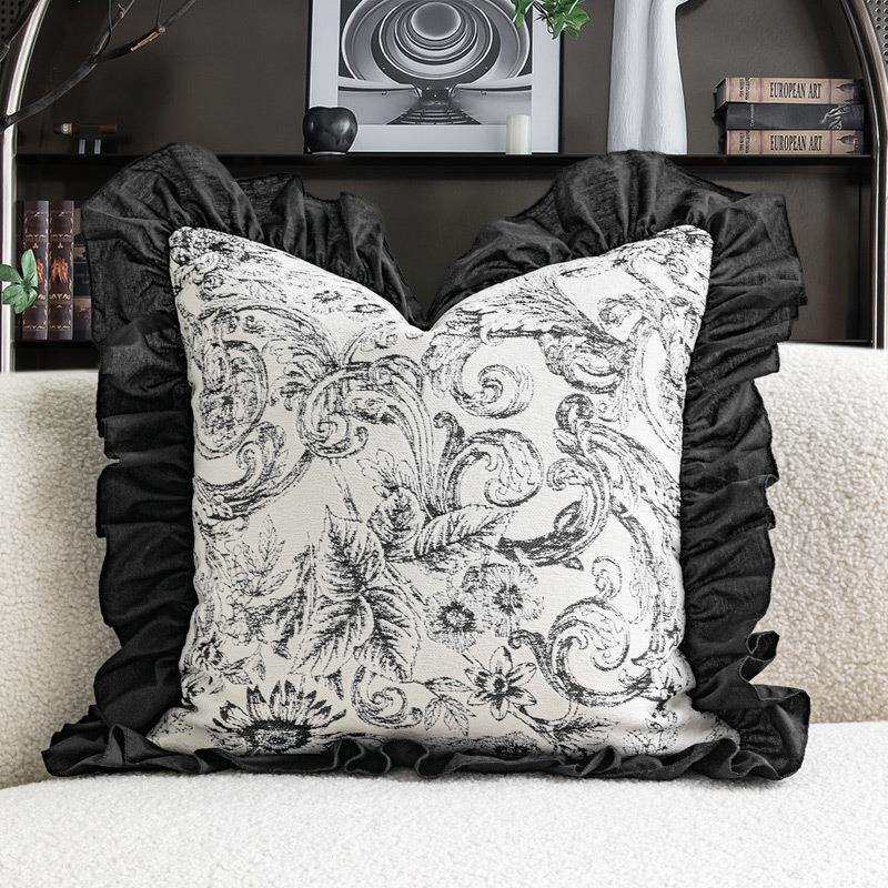 莫里斯法式黑白提花抱枕沙发客厅复古雪尼尔靠枕木耳花边靠垫美式