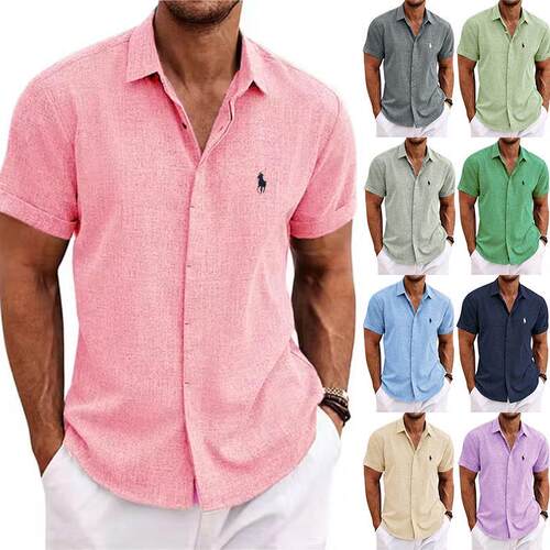 Men's sports cotton linen short sleeved shirt