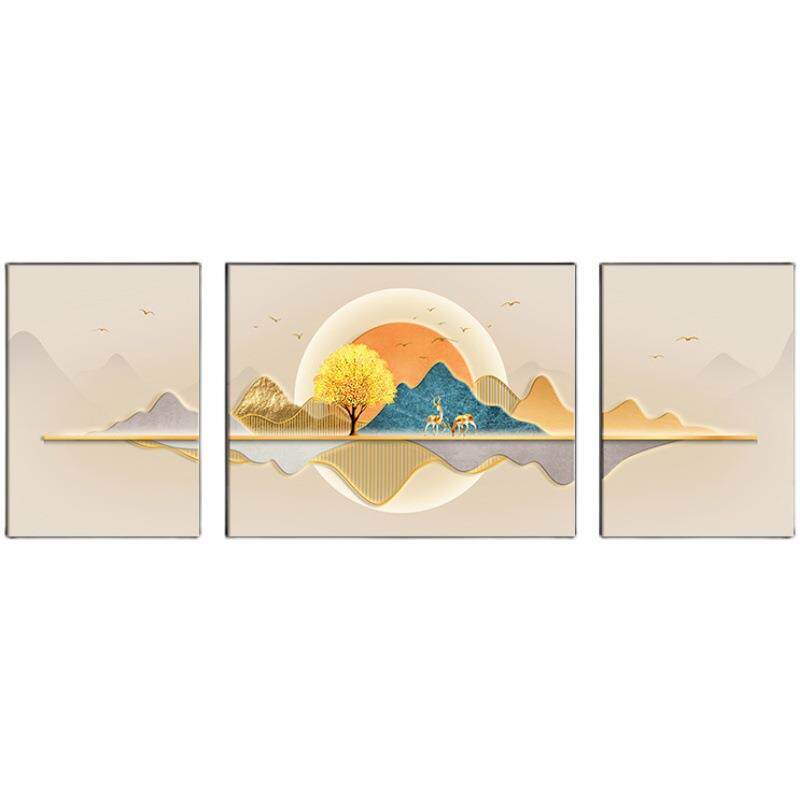 福禄客厅挂画轻奢沙发背景墙装饰画背有靠山现代三联画发财树壁画