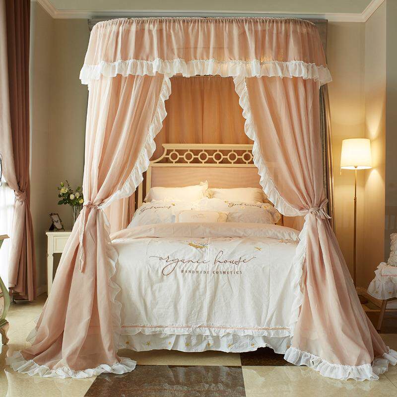 新款u型轨道导轨蚊帐亚麻床幔家用落地式公主风三开门防尘文帐