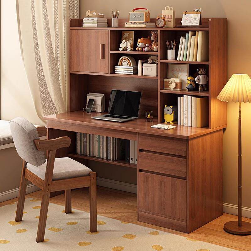 实木电脑桌书架书柜一体家用中学生书桌卧室写作业桌学习桌写字桌