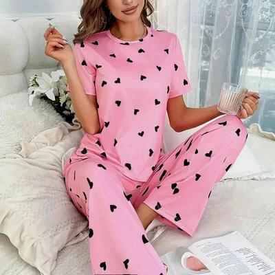 Women Summer Sleepwear Heart Print Pajama Set Short Sleeve T