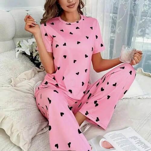 Women Summer Sleepwear Heart Print Pajama Set Short Sleeve T