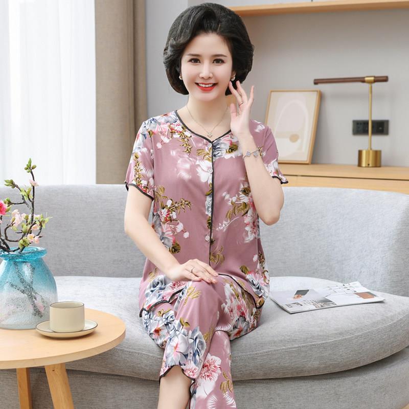 中老年妈妈夏装睡衣夏天薄绵绸短袖女士人造棉大尺码棉绸套装家居