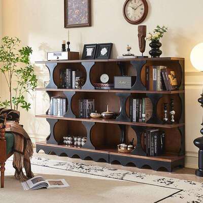 法式复古实木书柜客厅拼色美式陈设展示柜家用书房中古风落地书架