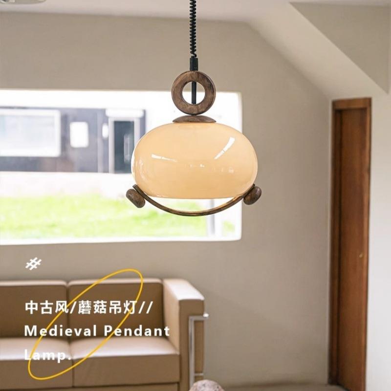 中古玻璃餐厅灯餐厅圆桌吧台灯复古实木可伸缩调节高度奶油风吊灯