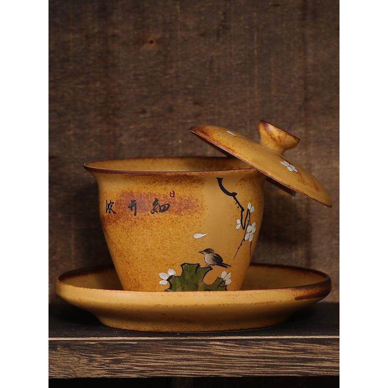 柴烧覆古手绘三才盖碗悬停旋转泡茶碗茶杯高档陶瓷送礼茶具带礼盒,餐饮具,盖碗,淘宝优惠券,粉丝福利购,淘宝优惠卷