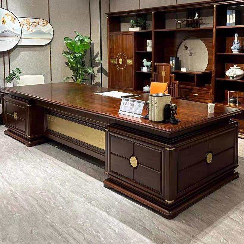 新中式实木办公桌椅书柜组合黑檀乌金木总裁桌轻奢老板大班台