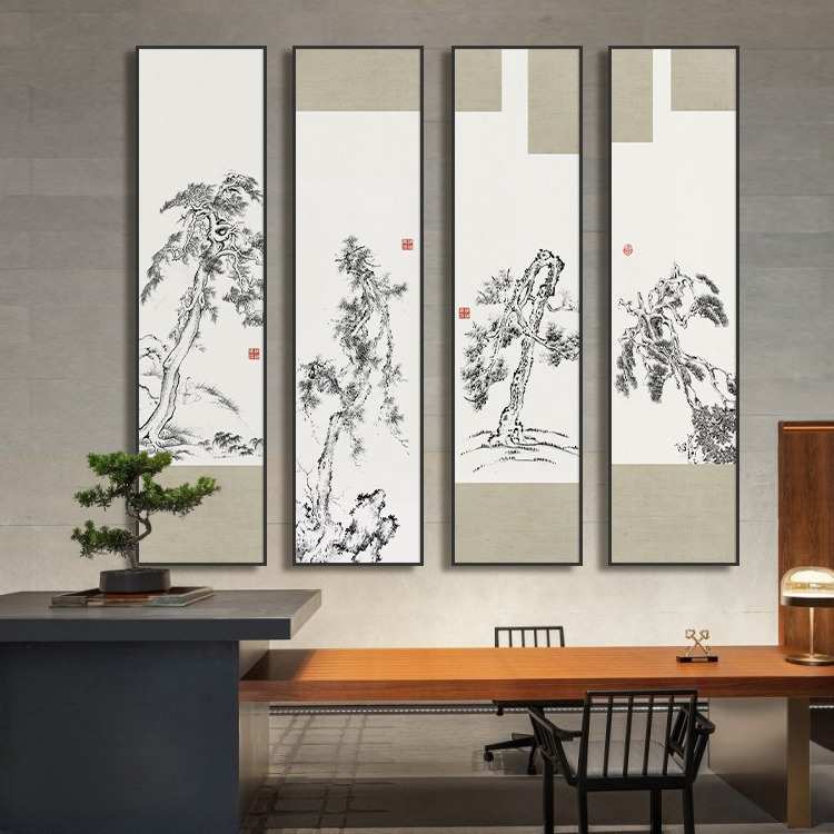中式禅意玄关松柏四联画壁画书房茶室竖版走廊过道挂画客厅装饰画