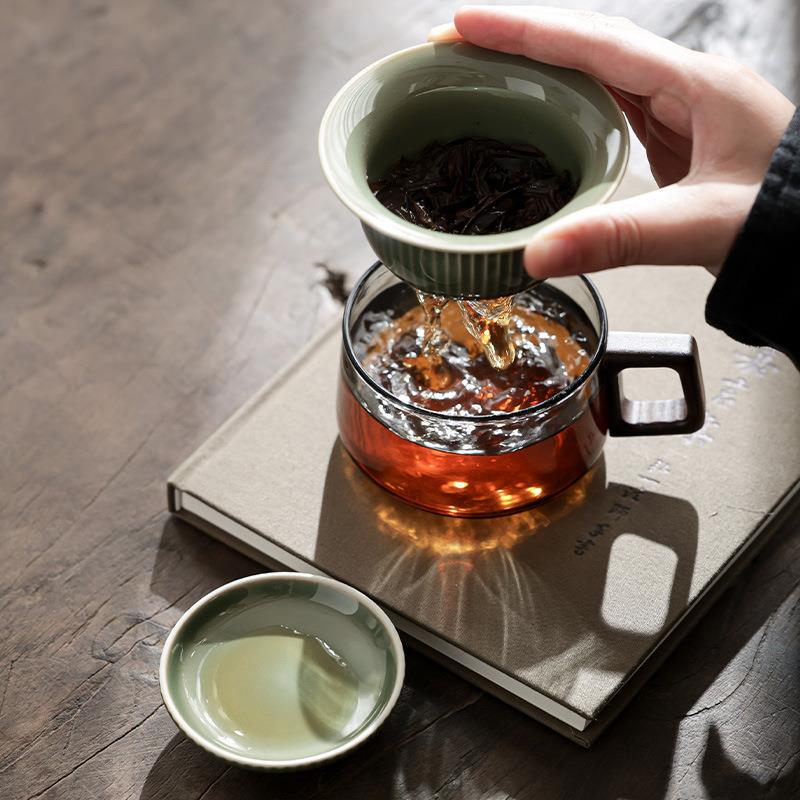越窑青瓷茶咖杯轻奢高档咖啡杯玻璃陶瓷茶杯茶水分离杯家用办公室