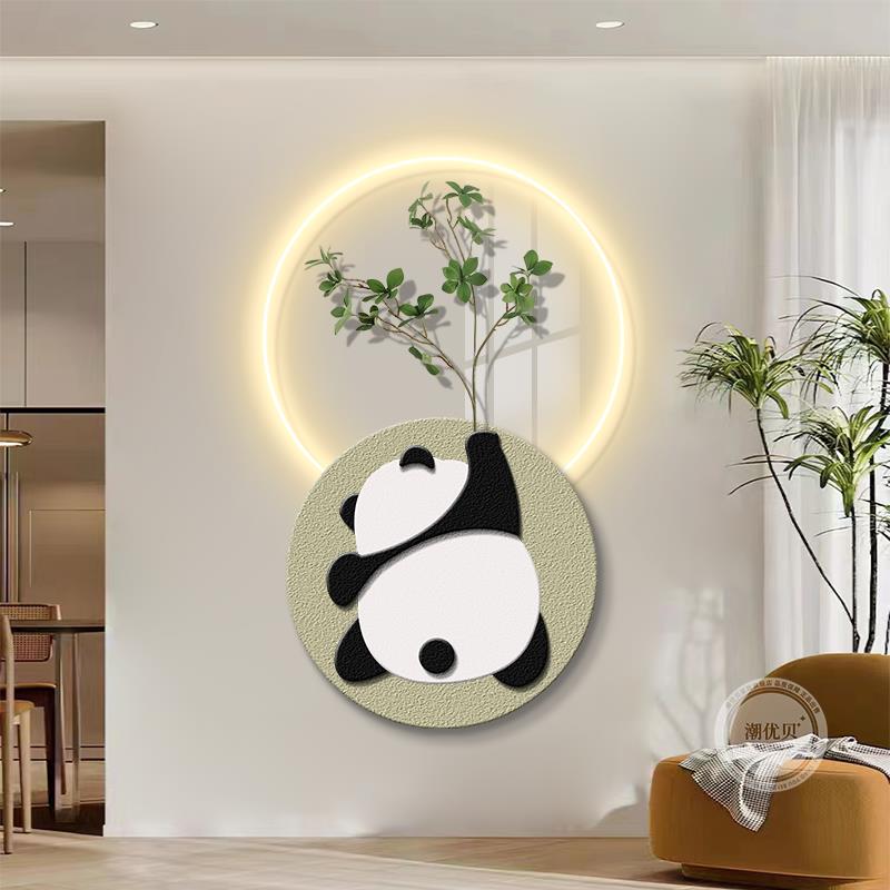 奶油风熊猫立玄CYB-2023关装饰画led氛围感发光画体砂岩画挂过走
