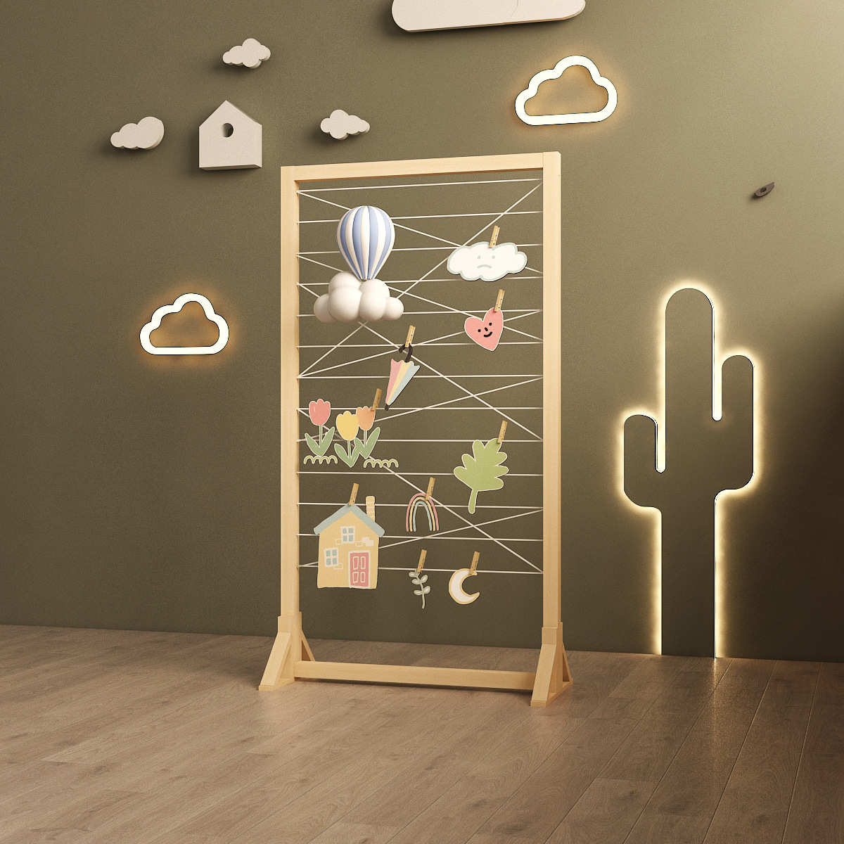 实木落地式棉线展示架幼儿园室内手工美术作品置物架网格环创装饰