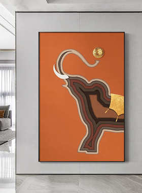 橙色入户玄关装饰画挂画轻奢骏马客厅墙面壁画抽象线条走廊画动物