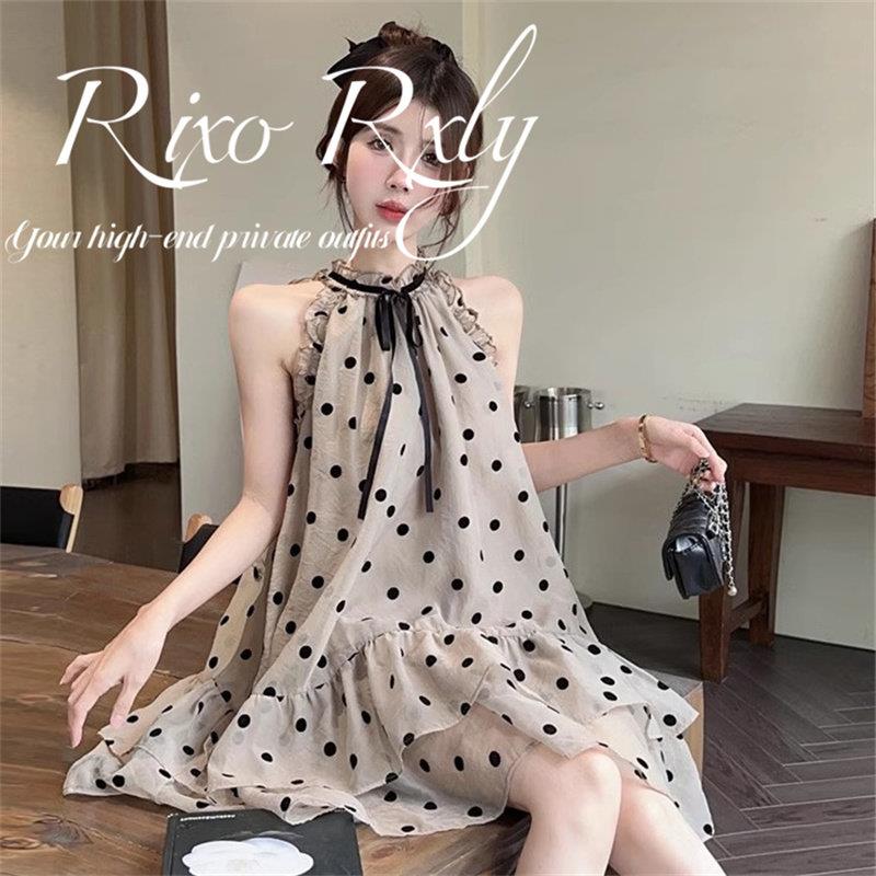 RIXO RXLY法式气质系带波点荷叶边洋装女夏季小众宽松显瘦裙子