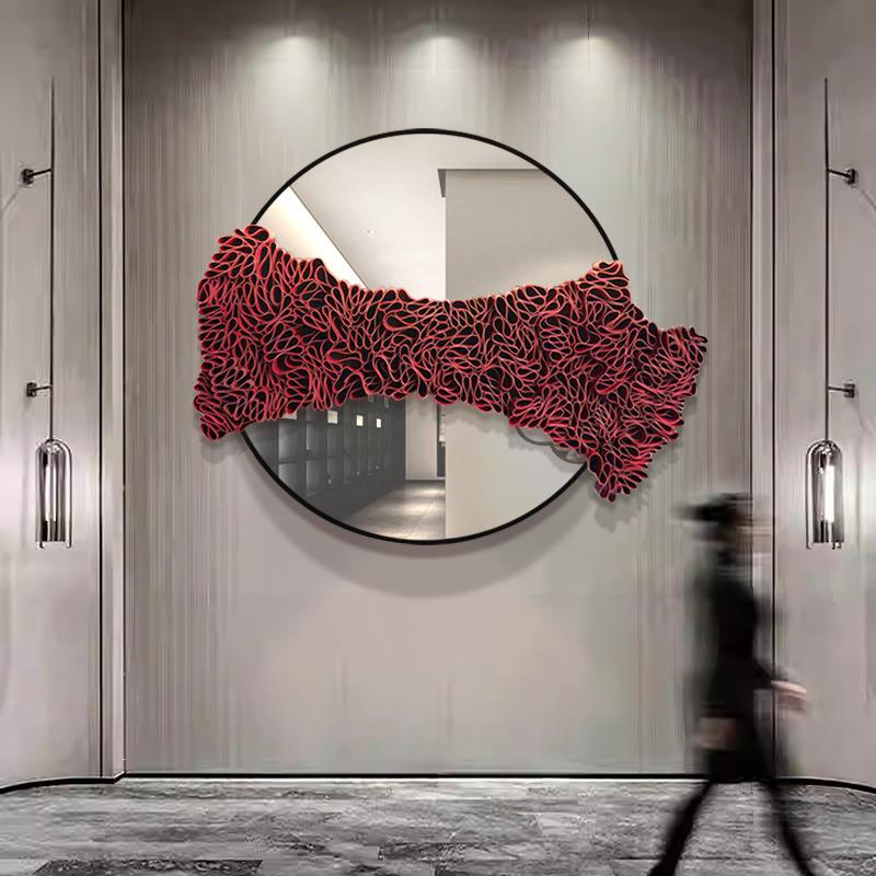 高档轻奢圆形玄关挂画艺术皮革镜面立体壁画极简餐厅纯手绘装饰画
